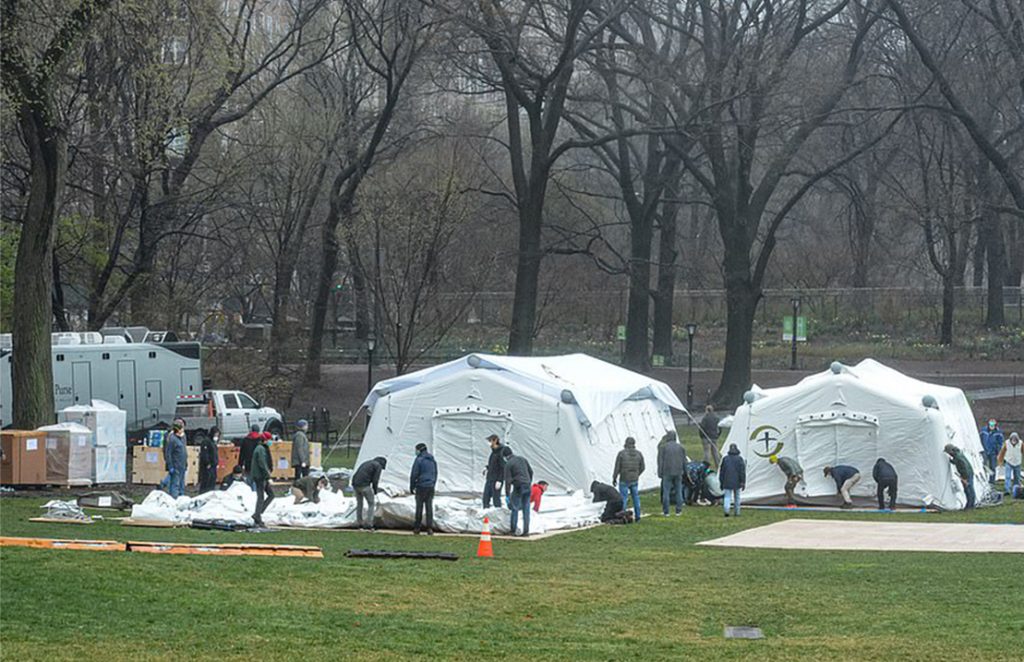 Triage tents and restroom trailers in Central Park, NY